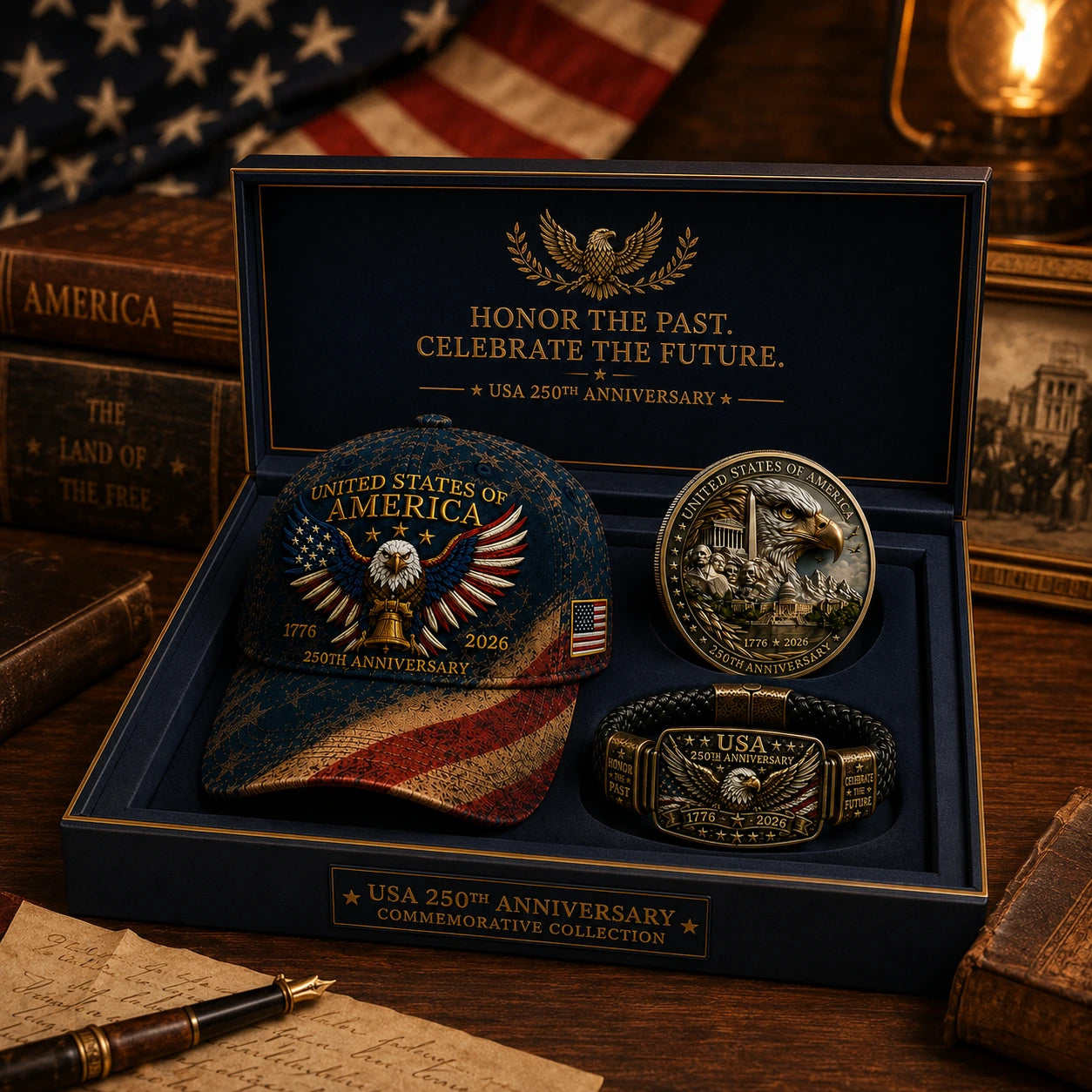 🔥 Today Only: FREE Collector Coin🔥 | USA 250th Anniversary Patriotic Eagle 3-Piece Gift Set – Embroidered Cap, Coin & Bracelet